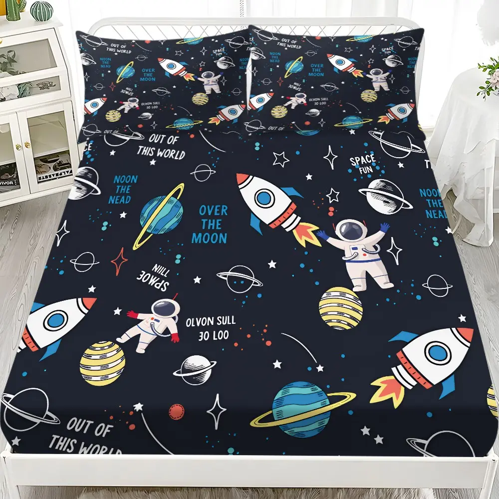 Space Rocket Bed Sheet Set (1 Fitted + 2 Pillowcases), Modern Style, Comfortable and Aesthetic, Suitable for Dorms and Hotels, Decorative Bedsheet Sets, Polyester Bedding