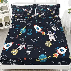 Space Rocket Bed Sheet Set (1 Fitted + 2 Pillowcases), Modern Style, Comfortable and Aesthetic, Suitable for Dorms and Hotels, Decorative Bedsheet Sets, Polyester Bedding