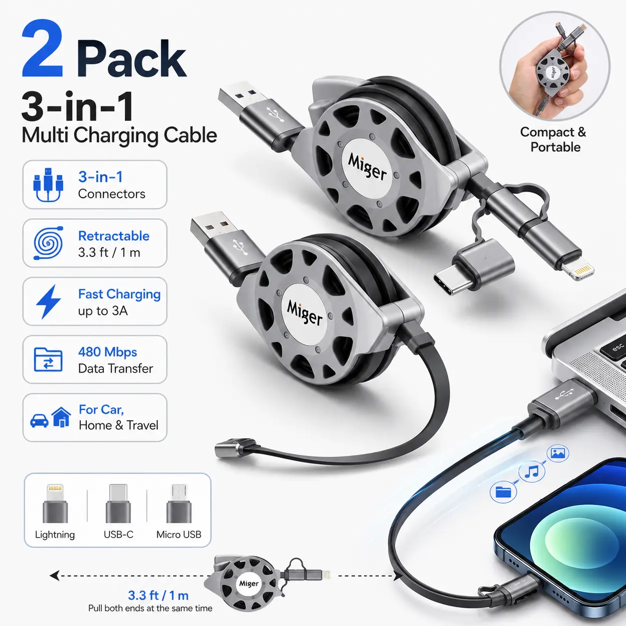 2 Pack 3-in-1 Retractable Charging Cable - 3.3ft Multi-Device Cord with USB-C/8-Pin/Micro USB Connectors, Supports 3A Fast Charging & Data Sync for Smartphones, Car & Home Use, 3.3Ft Length, Usb-C/8Pin/Micro