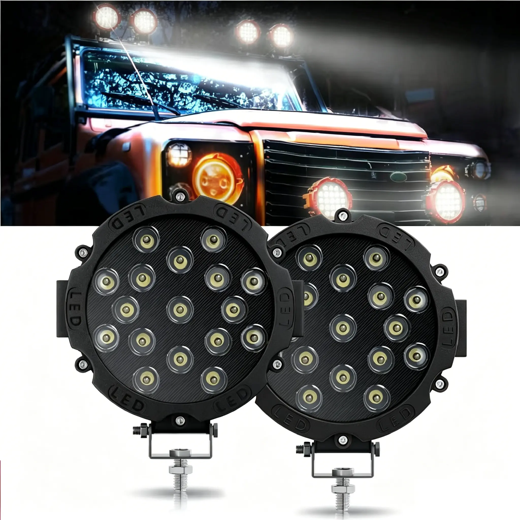 2-Piece Set 7-in 51W Dual LED Flood Spot Combo Work Light Pods, 2500 Lumens Metal Aluminum Alloy Automotive Car Light, 12-24V Car Accessories Auxiliary Driving Lamps for Vehicles