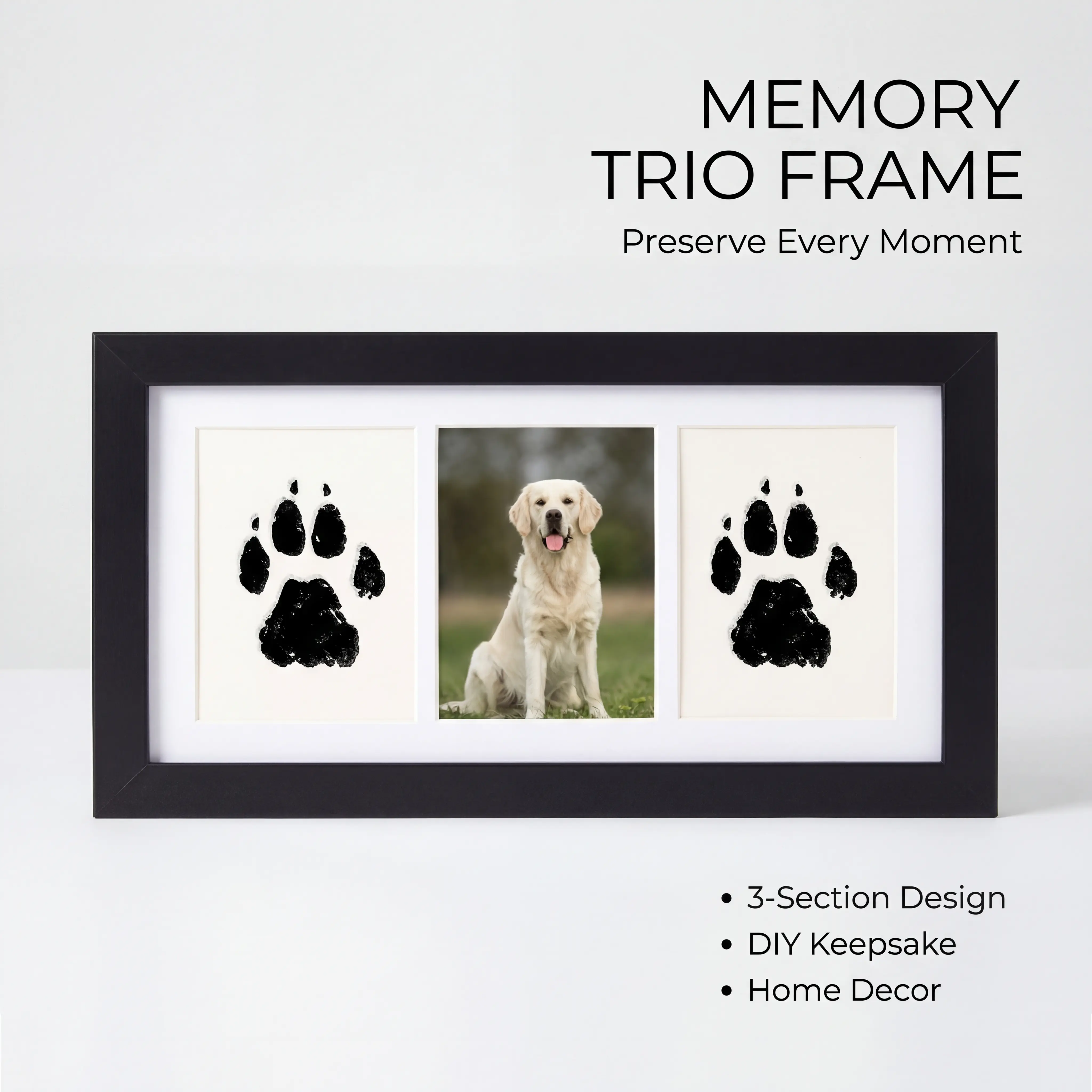 Pet Memorial Triple Paw Print Picture Frame, 3-Panel DIY Photo Display, Wall-Mounted Wall Decor Gift for Baby Growth Records