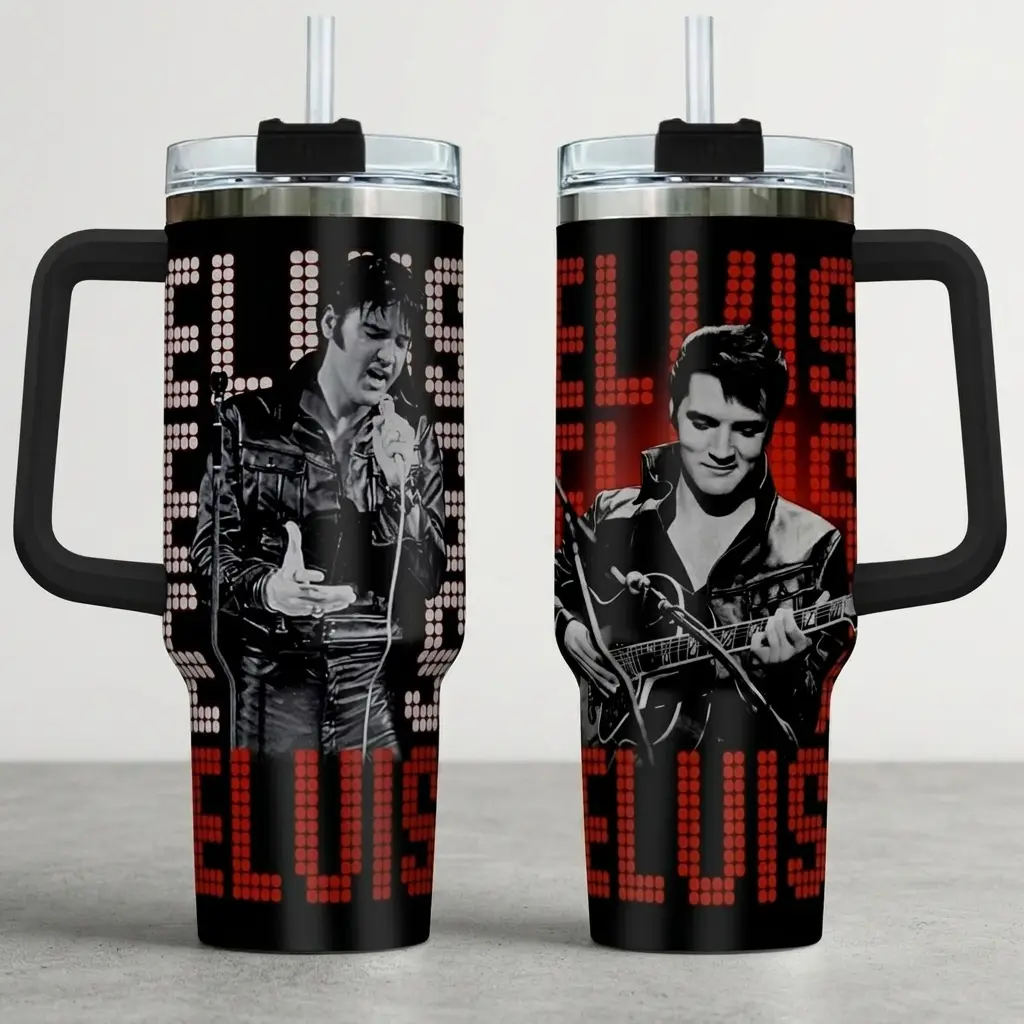 40oz Elvis Presley Inspired Tumbler With Straw And Handle, Rock And Roll Tumbler, Guitar And Photo Collage Stainless Steel Cup, Gift for Rock Lover