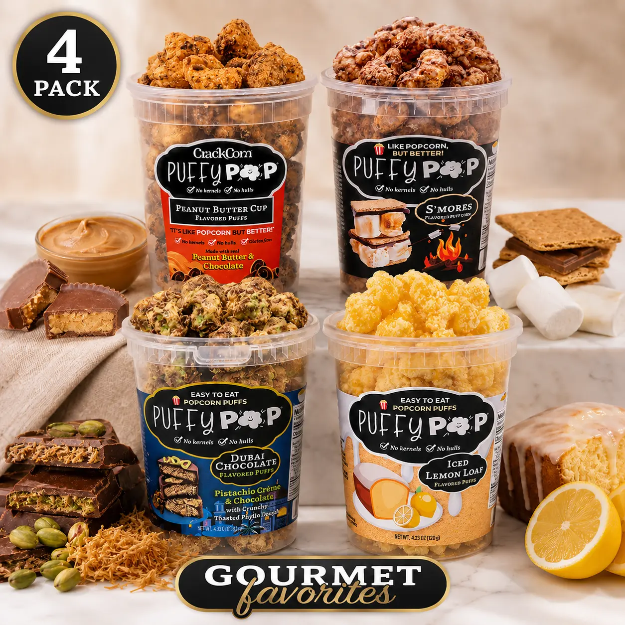 Gourmet Favorites Bundle - 4 Pack of Puffy Pop Popcorn Puffs Gourmet Favorites Bundle - 4 Pack of Puffy Pop Popcorn Puffs