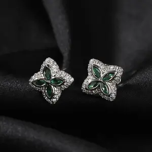 SSS four-leaf clover stud earrings, sapphire gemstone cut setting stud Diamond 5mm earring titanium copper silver set diamonds stud ear wear (Earrings)