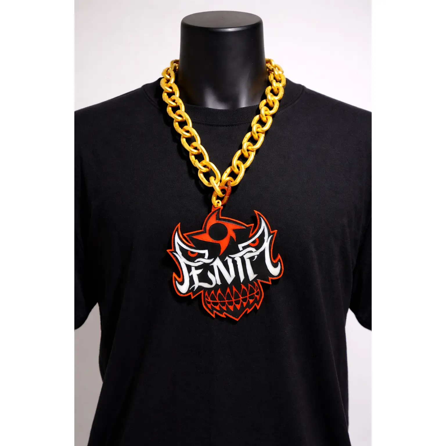 Unisex 3D Printing Gold Penta Lucha Mask Necklace, WWE Wrestling Logo, 32" Chain with Raised Letters, 8"x9" Size, Durable Links, Textured