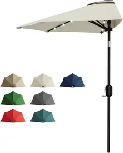 Patio Umbrella 9FT - Half Umbrella Outdoor with Solar LED Lights and Smooth Crank Lift, Outdoor Shade Canopy for Patio, Backyard, Garden, Deck, Balcony -Beige