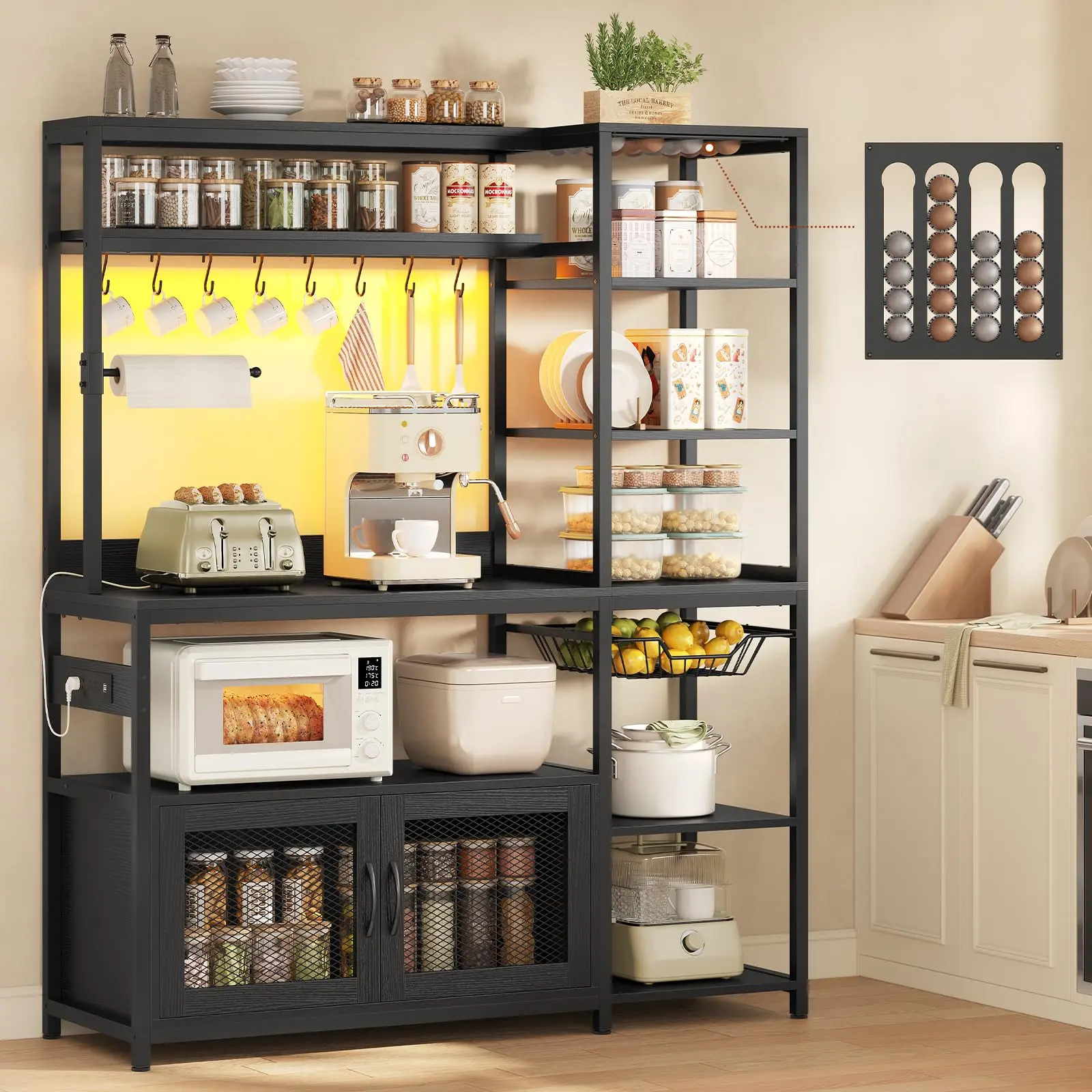 47.2 Inches Stable Coffee Bar Cabinet, 12 In & Above Modern Farmhouse Decor Bakers Rack with Power Outlet, LED Light, Reversible Vetuo Coffee Pod Holder, Microwave Stand, Storage Shelves, Cabinet, Wire Basket, Paper Holder, 8 Hooks, Black