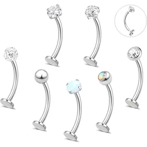 7PCS Floating Belly Button Ring for Women Hypoallergenic Surgical Stainless Steel Belly Rings Internally Threaded CZ Opal Long Bar Navel Barbell Flat Back Belly Piercing 8 10 12 14 16MM Silver Gold