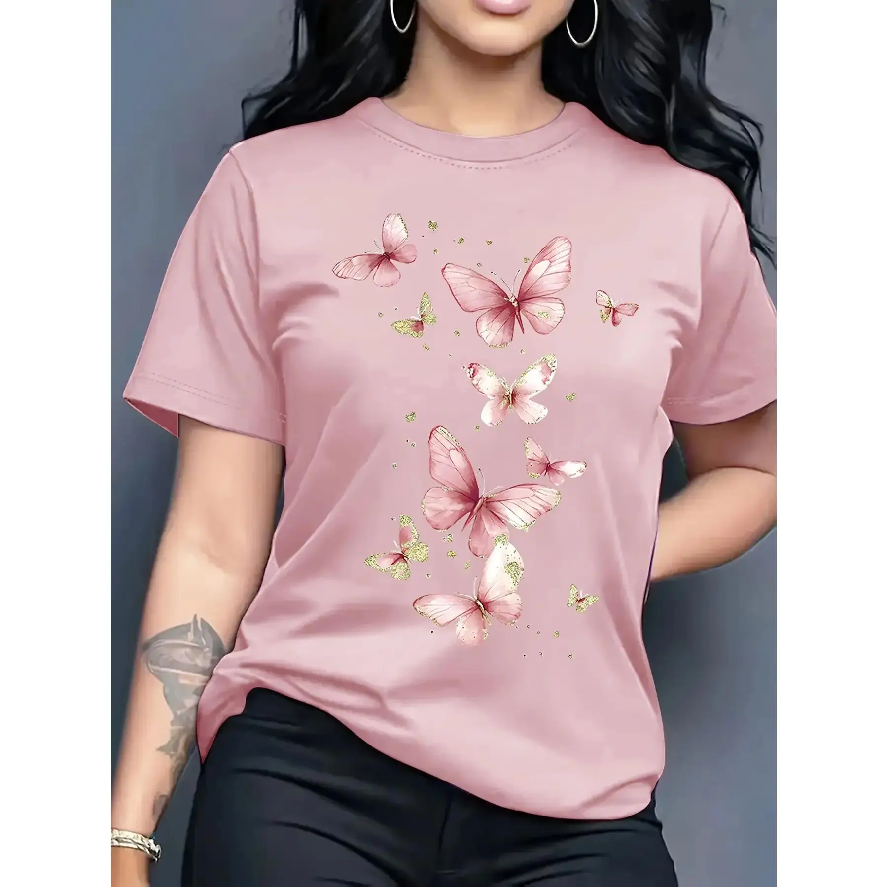 Women's Purple Fantasy Butterfly Pattern T-Shirt - Bright Pink with Purple and Blue Butterflies, Short Sleeve Round Neck Casual Top, Machine Washable Fabric, Four Seasons Comfortable Fit, Daily Fashionable Top, Stretch Material, Trendy Shirt Graphic
