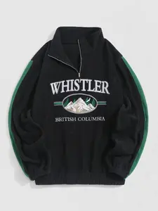 ZAFUL Letter Embroidery Contrast Patch Polar Fleece Sweatshirt, Casual Fit, Spring & Fall Wear, Moderate Thickening, Kint Style