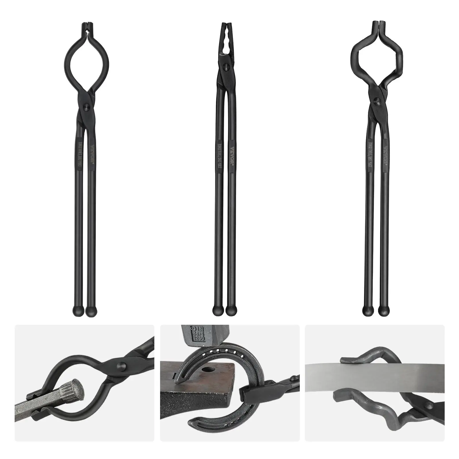VEVOR 18" Blacksmith Tongs Set (3 PCS) - V-Bit Bolt, Wolf Jaw, Z V-Bit Tongs, Carbon Steel Forge Tools with A3 Steel Rivets, 18 inches Extended Total Length, Forging Durability in High-Temperature Environments, for Blacksmiths