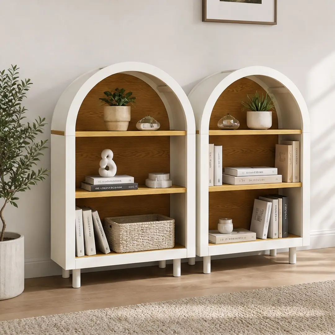 ARCH 2-Piece Arched Small Multi Layer Bookshelf, 3-Tier Design Wooden Modern Open Shelf Unit, White with Woodgrain Shelves Engineered Wood Storage Cabinet, for Living Room, Bedroom, 23.6" W x 9.5" D x 37.4" H, White Oak Option, Three Tier Design