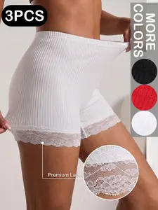 3-Pack High-Waisted Plain Ribbed Women's Boxer Briefs, Lace Trim Design, Lightweight Breathable Comfort, Ideal for Daily Wear, Fitness, Yoga, Underwear, Shorts