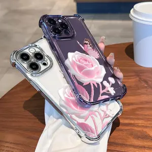 Phone Case - One Piece of a Pink Rose And Butterfly Phone Cover That Fits Apple Iphone 17 16 15 14 13 12 11 PRO MAX PLUS,AIR and iPhone X XS MAX. It Is Shockproof, Transparent, And Has a Feminine Design, Making It a Great Gift for Friends Or a Partner