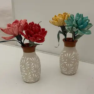 Mexican Pottery 7" Pint Flower Vase Talavera Design with Embossed Pattern for Home Decor Hand Painted Clay Vase for Party Centerpiece