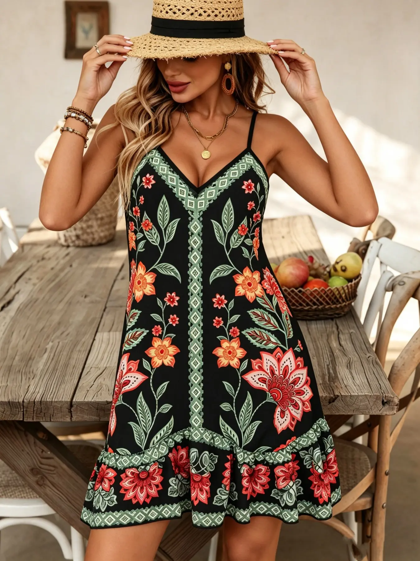 New Summer Fashion Casual Comfortable Elegant Sexy Floral Print V Neck Dress for Daily Wear