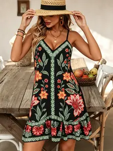 Summer New Fashion Casual Lightweight Comfortable Breathable Elegant Chic Sexy Print Halter V Neck Dress, Stylish Summer, Perfect for Daily Wear