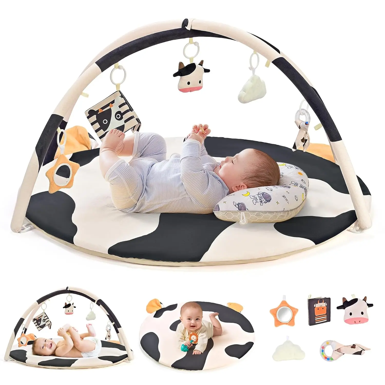 2PM SPORTS Deer Theme Tummy Time Play Gym Mat with 5 Detachable Toys, Washable Sensory Playmat for Babies 0–12 Months