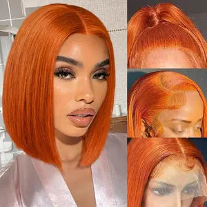Ginger Bob Wig Human Hair 13x4 Lace Front Wigs 14 Inch Short Straight Orange Ginger Glueless Wigs Pre Plucked 180% Density Natural Hairline Wigs for Black Women