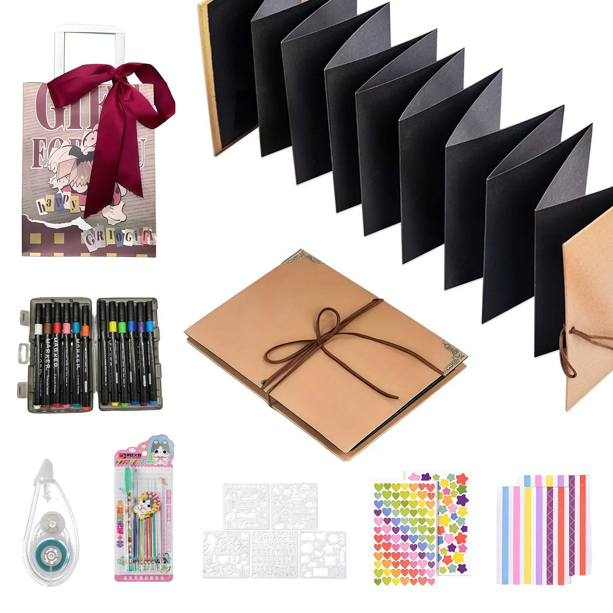 【Foldable Scrapbook Album】 Scrapbooking DIY Kit with Over 99" Accordion Design, Craft Paper, Colored Markers, Sticker Packs, Correction Tape, Matching Gift Bag - Handmade Souvenir Gift for Adults, Father's Day, Birthdays, Memory Keeper