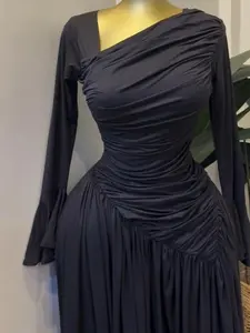 QFAF Women's Flounce Sleeve Asymmetrical Neck A-Line Ruched Long Dress, Birthday Holiday Beach Activity Dress, Elegant Party Wear