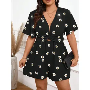 [plus size] Printed jumpsuit, casual and fashionable short sleeved jumpsuit, suitable for daily outdoor wear, women's clothing in all seasons, casual and fitted jumpsuitRAIMENTRY