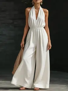 Women's V-Neck Halter Backless One-Piece Dress, Jumpsuit, Elegant Design, Fashionable Office Wear, French Style, Perfect for Daily Use