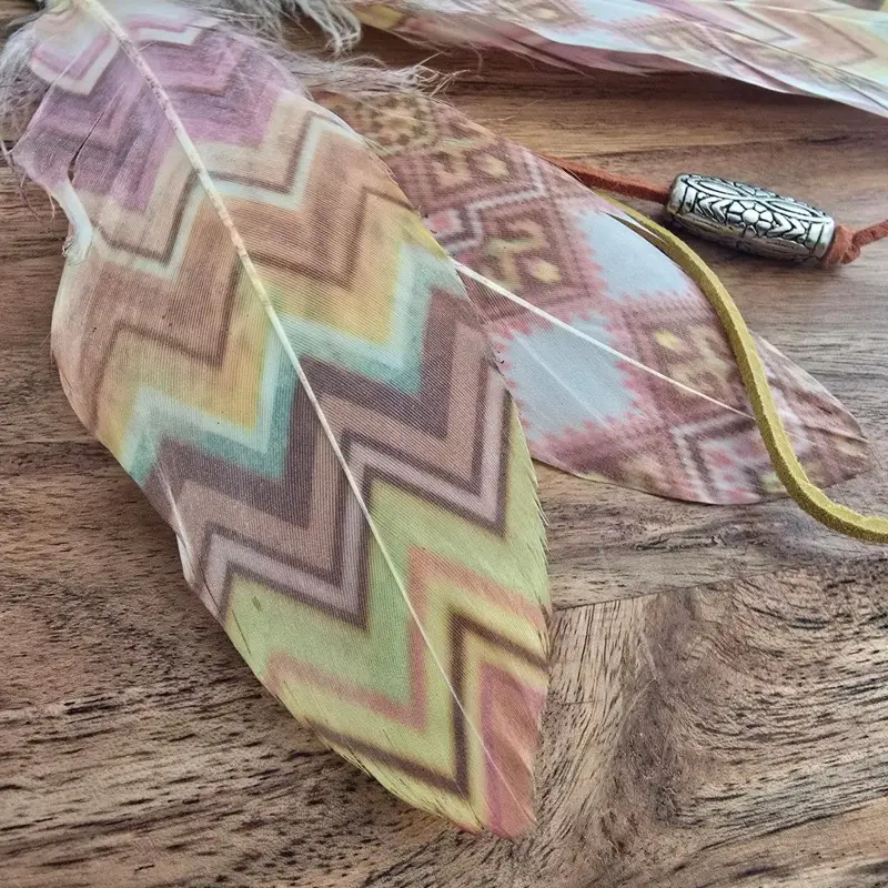 Handmade One of a Kind Feather Earrings with Suede and Beads Featuring Colorful Chevron Patterned Suede Fabric