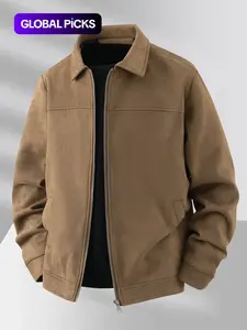 Men's Spring Collared Zipper Jacket Coats, Casual Faux Suede Outerwear, Durable Fabric, Ideal for Daily Wear Menswear
