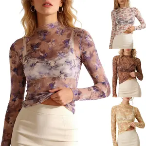 Mundoven Sheer Tops for Women Long Sleeve Mock Neck Lace Mesh Top Sexy See Through Floral Tee Shirts Layering Blouse summerwins