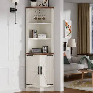 Spurgehom 63" Tall Corner Cabinet with Doors and Shelves, Farmhouse Storage Cabinet in Antique White, Space Saving Corner Shelf for Kitchen and Living Room