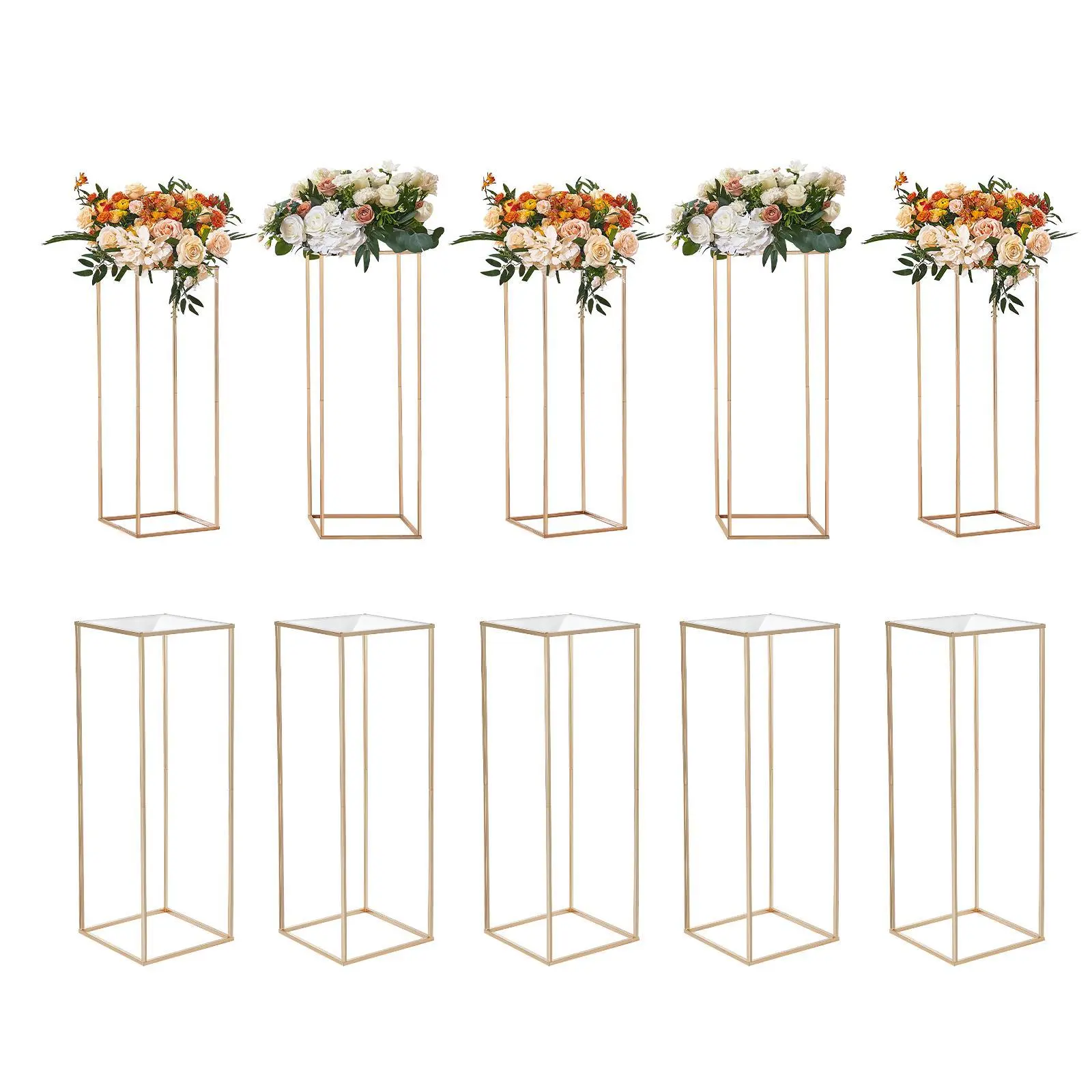 【Summerfinds】10PCS 31.5in Secure Gold Rectangular Geometric Metal Vase Column Flower Stand Set with Acrylic Laminate - Wedding Centerpieces, Home Decor, Party Decoration, Floral Decor, Festive Decorations