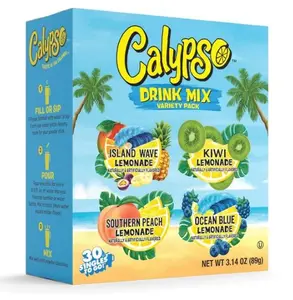 Calypso Singles To Go! Drink Mix Variety Pack – Lemonade On-the-Go Powdered Drink Mix Packets – Low Calorie Water Enhancer – Island Wave, Kiwi, Southern Peach, Ocean Blue Lemonade, 30 Count