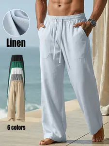 Men's Linen Long Pants - Mens Clothing, Relaxed Men's Pants, Solid-Colored Ventilated Weightless Casual Trousers with Straight Wide Legs, Pockets, Drape Fabric, Elastic Stretchy Fit for Spring Summer