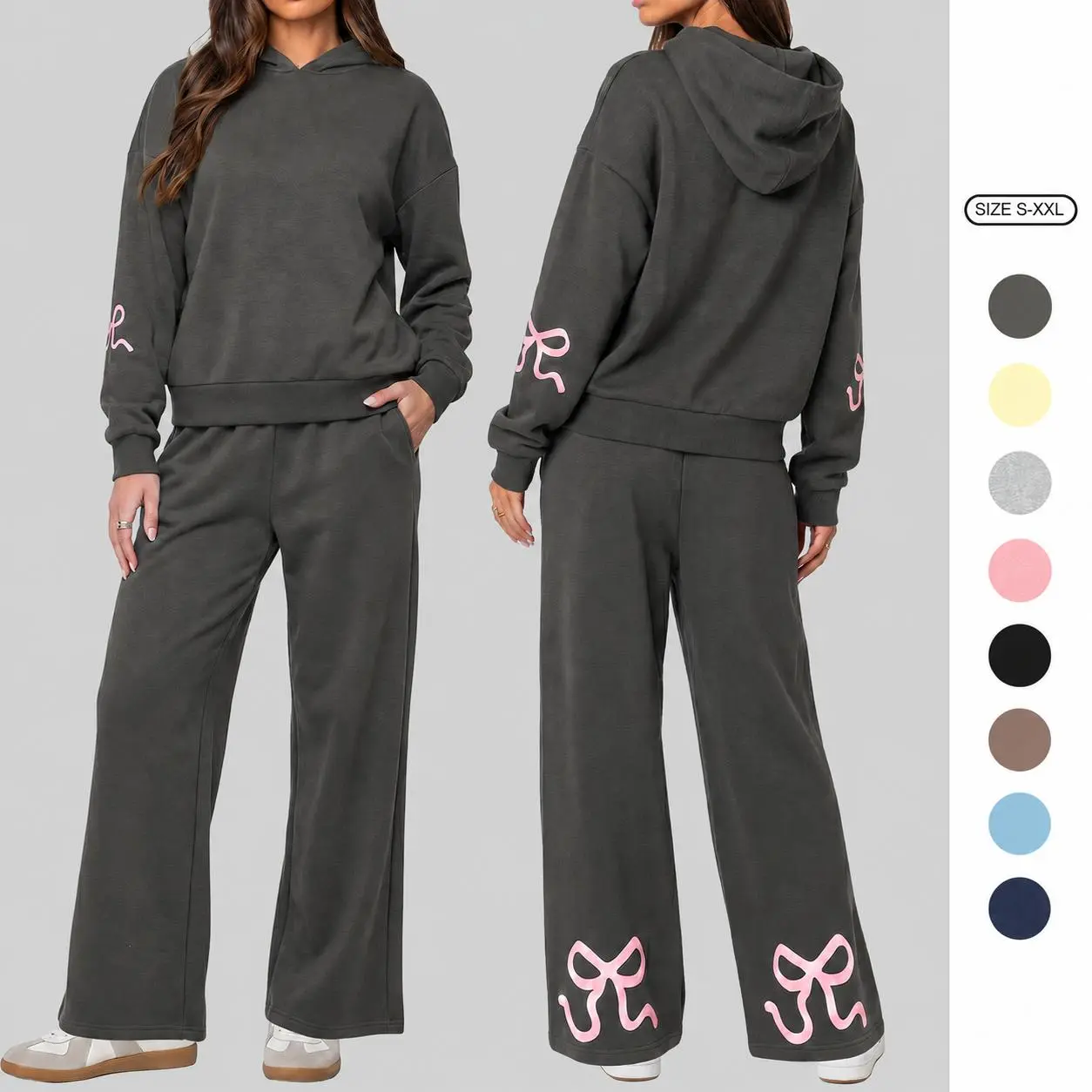 Imily Bela Women's 2-Piece Lounge Set Bow Graphic Pullover Hoodie and Wide Leg Sweatpants Tracksuit