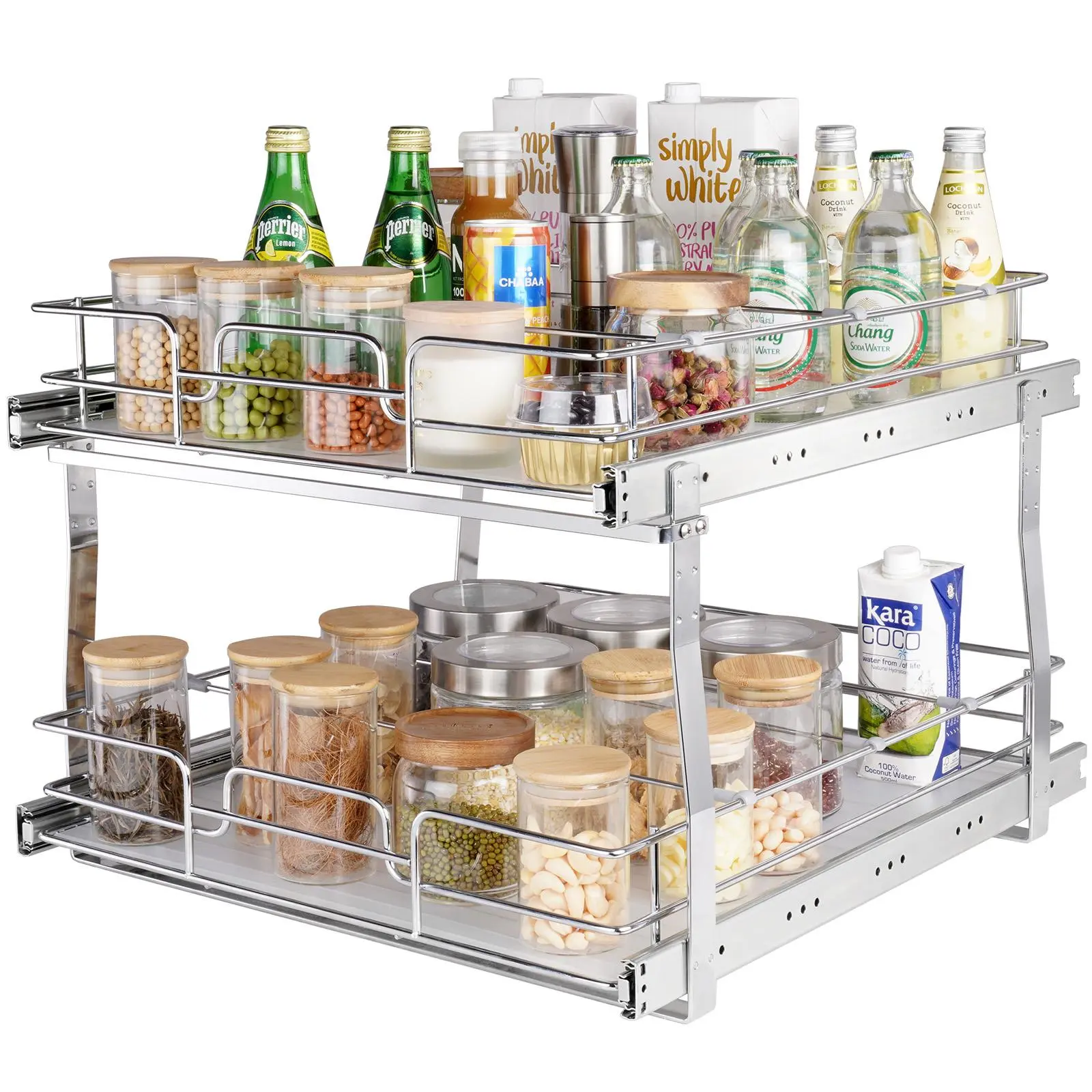 VEVOR 2-Tier Smooth Pull-Out Cabinet Organizer Basket, 19"W x 20"D Heavy-Duty Chrome-Plated All-Steel Sliding Drawer Unit, Easy-to-Clean Rack for Kitchen, Bathroom Storage