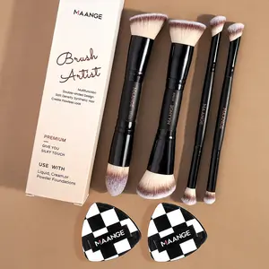 MAANGE Classic Makeup Brushes With Puff 6pcs in One Set Make Up Beginner Must-Have Double Side Foundation Brushes Eyeshadow Brush for Concealer Highlight Cosmetics Blending Beauty Tool for Travel, Party, Daily Two-in-One Portable Black cute room stuff