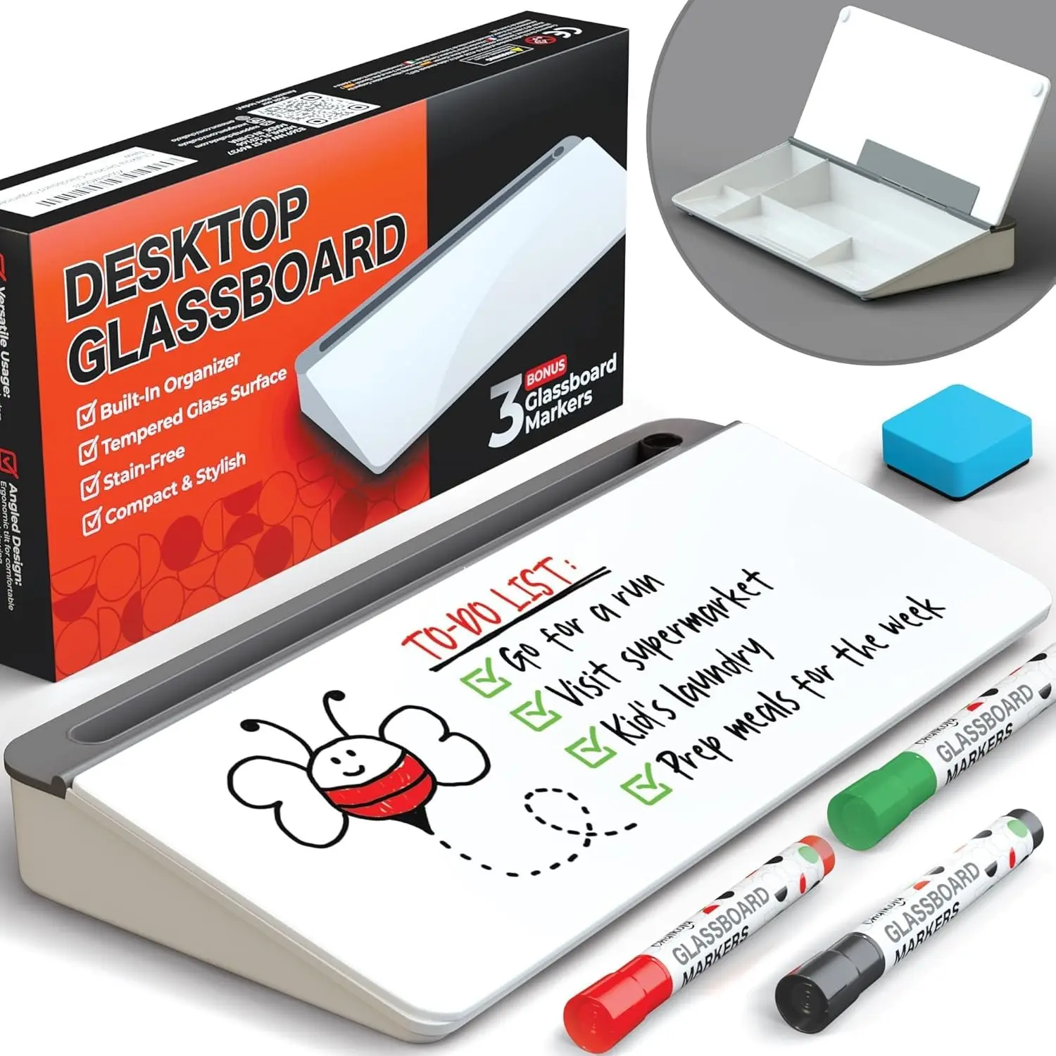 Glass Desktop Whiteboard with Storage - Dry Erase Board, Work Desk Organizers,  Keyboard Stand,  Office Desk Accessories, Small White Board, Workspace Desktop Buddy + 3 Markers