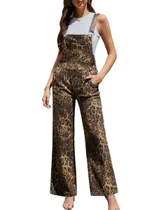 Odefou Leopard Print Overalls for Women Stretch Denim Loose Fit Bib Coveralls Cheetah Spring Fall Winter Outfits Fashion Animal Sleeveless Jumpsuits Straight Leg Pants Mom Wife Womenswear Rompers
