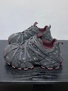 Spring New Fashion European Style Rhinestone Dad Shoes for Women, Comfortable All-Season Casual Athletic Trainer Sneakers, Thick Sole Textile Shoes, Studded Sneakers, Rhinestone Embellished Sneakers