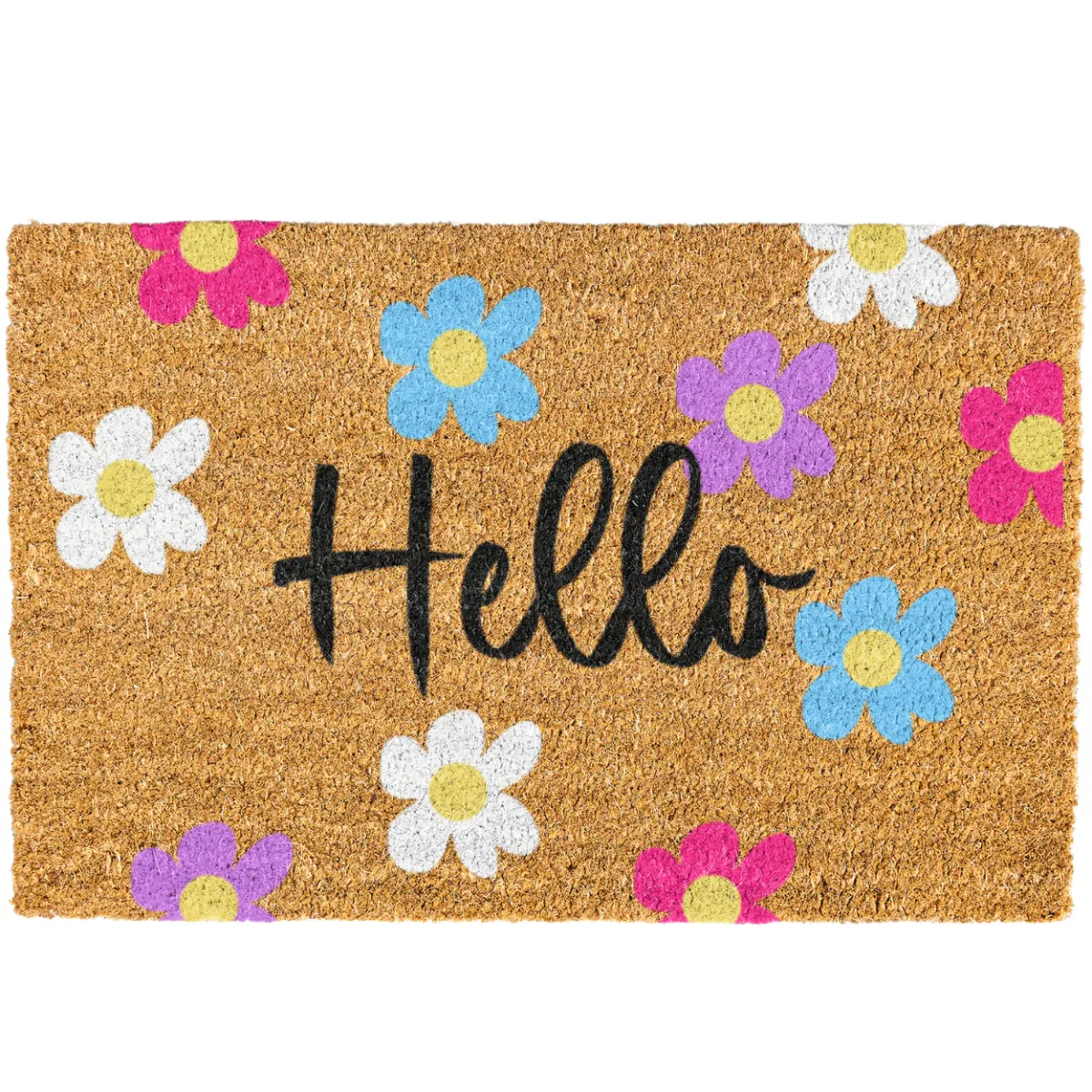 Rustic Durable Anti-Shrink Rollable Diatom Mud Faux Coir Front Door Mat, Cute Spring Floral Hello Welcome Rug, Colorful Retro Daisy Washable Super Absorbent Low-Profile Non-Slip Indoor Outdoor Home Decor