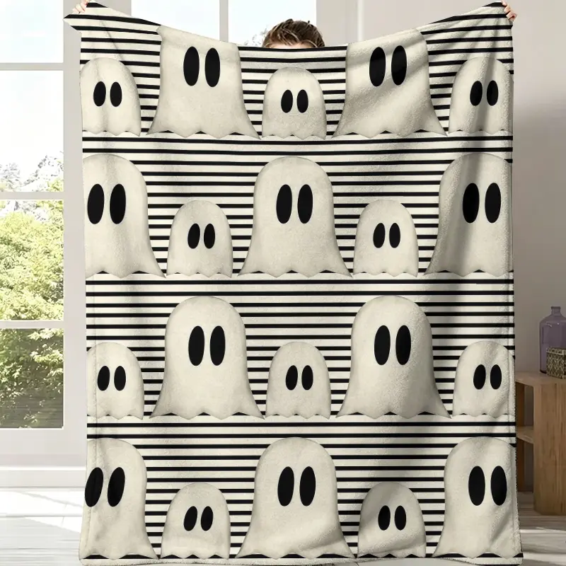 Minimalist Black and White Striped 2-Eye Ghost Print Flannel Throw Blanket - Flannel Fabric, Soft Texture, Multi-Size, Cozy Bedding, Modern Farmhouse Halloween Accent, Neutral Fall Gift, Home Decor