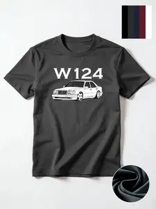 German Retro Men's Crew Neck Tee - Mercedes W124 Car Graphic Street Style Top