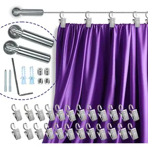 16.4 FT (5m) Adjustable Indoor Outdoor Wire Curtain Rod Room Divider Hanging System with 24 Clips, Clothesline Clothes Hanger for Kids Craft Art Decoration on Walls