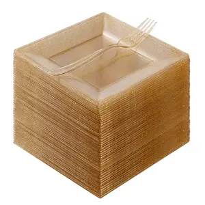 Goodluck 120PCS Square Gold Glitter Plates with Plastic Forks Heavy Duty Disposable for 60 Guests Elegant Design Perfect for Parties Weddings Christmas