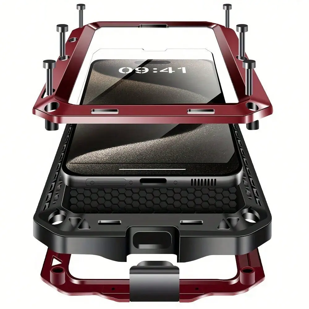 Metal Heavy-Duty Shockproof Phone Case for iPhone 17/16/15/14/13/12/11/XR/X/XS Pro Max & iPhone 17 Air, 360° Full Body All-Inclusive Case with Built-in Glass Screen Protector, Sturdy Dustproof Protective Cover