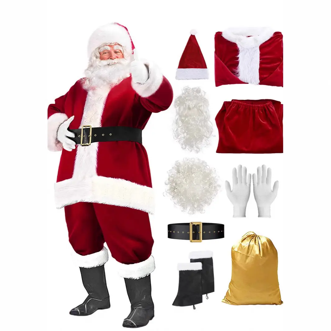 Men's Christmas Deluxe Crushed Velvet Santa Claus Suit Set - 2-Piece Elastic Customized Clothes with Plush White Fur Trim, Black Buckle Belt, Jacket & Pants for Father's Family Party Events