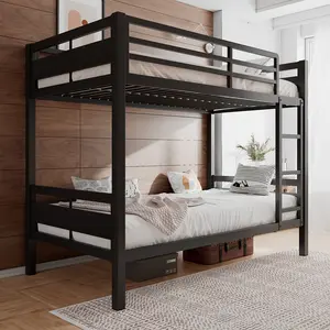 Heavy Duty Metal Bed with Ladder and Full-Length Guardrail, Under-Bed Storage Space, Bunk Bed Double Bed, No Box Spring Needed