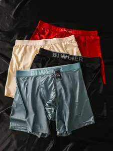4 pcs BIWEIER men's satin Underwear briefs, long length, high-end and light luxury, in the Morandi color series, soft and comfortable, fashionable shorts, suitable for men's casual wear and sports