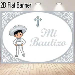 2D flat banner, 1pcMi Bautizo Banner - Elegant Baptism Decorations with Traditional Mexican Boy Illustration - Floral Scrollwork Design for Christening Celebrations - Premium Quality Decorative Backdrop for Indoor and Outdoor Events